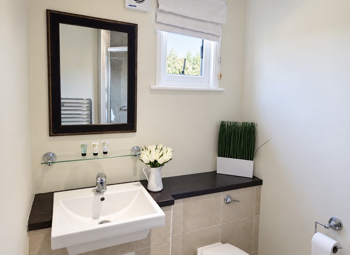 Guest bathroom basin and mirror at The Swan at Compton